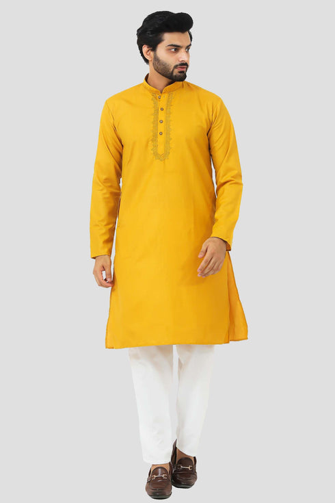 Veshbhoshaa Bluesaanchi Men'S Mustard Magic Slub Kurta Set